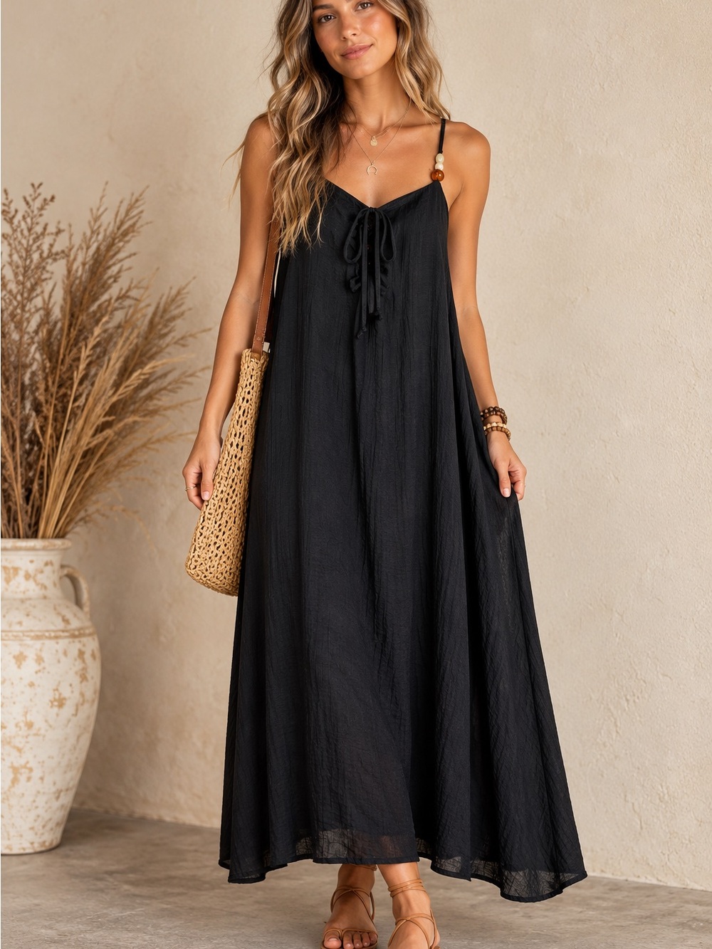 NAÏF Black Lightweight Crepe Bead Accent Strap Boho Minimalist Dress Size S